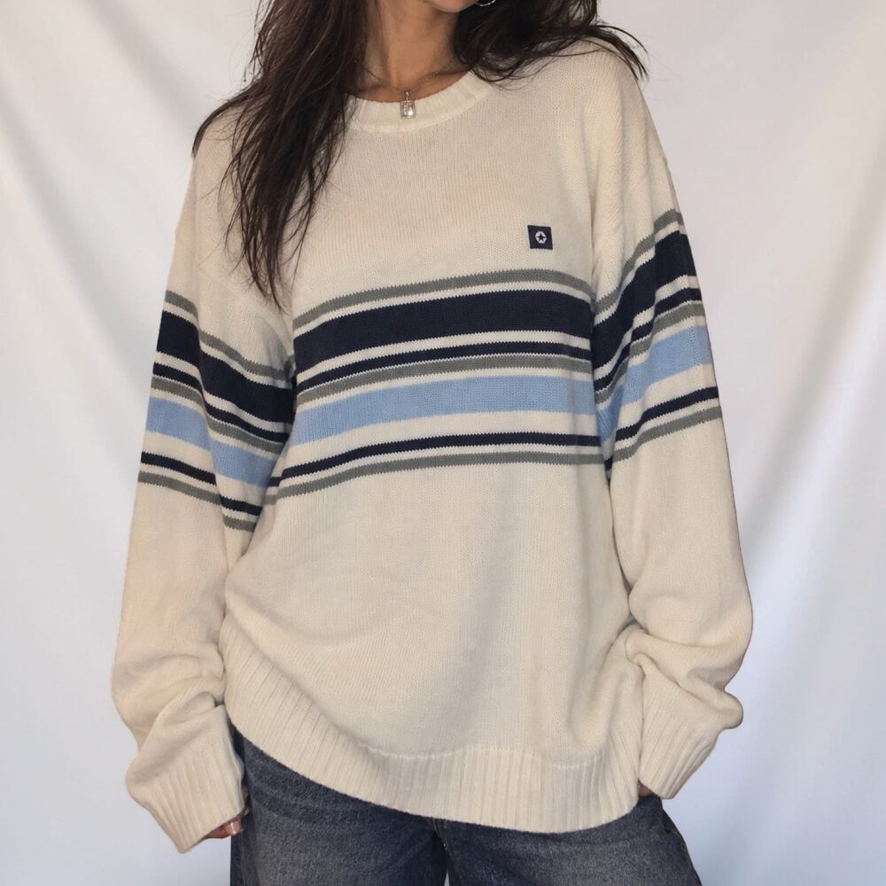 Y2K South Pole White Blue Striped Oversized Knit Sweater Size XL
